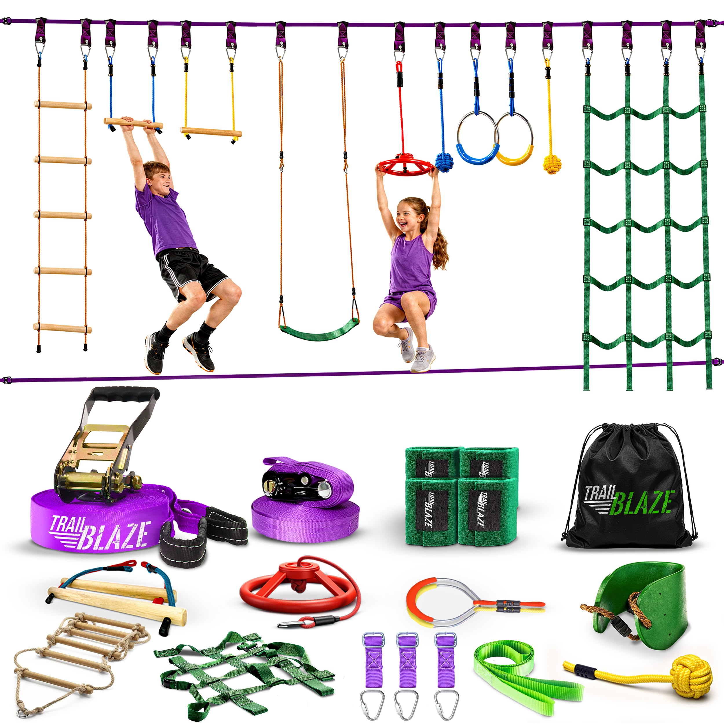 Ninja Warrior Obstacle Course for Kids - 2 x 55ft Slackline Double The Fun Excit