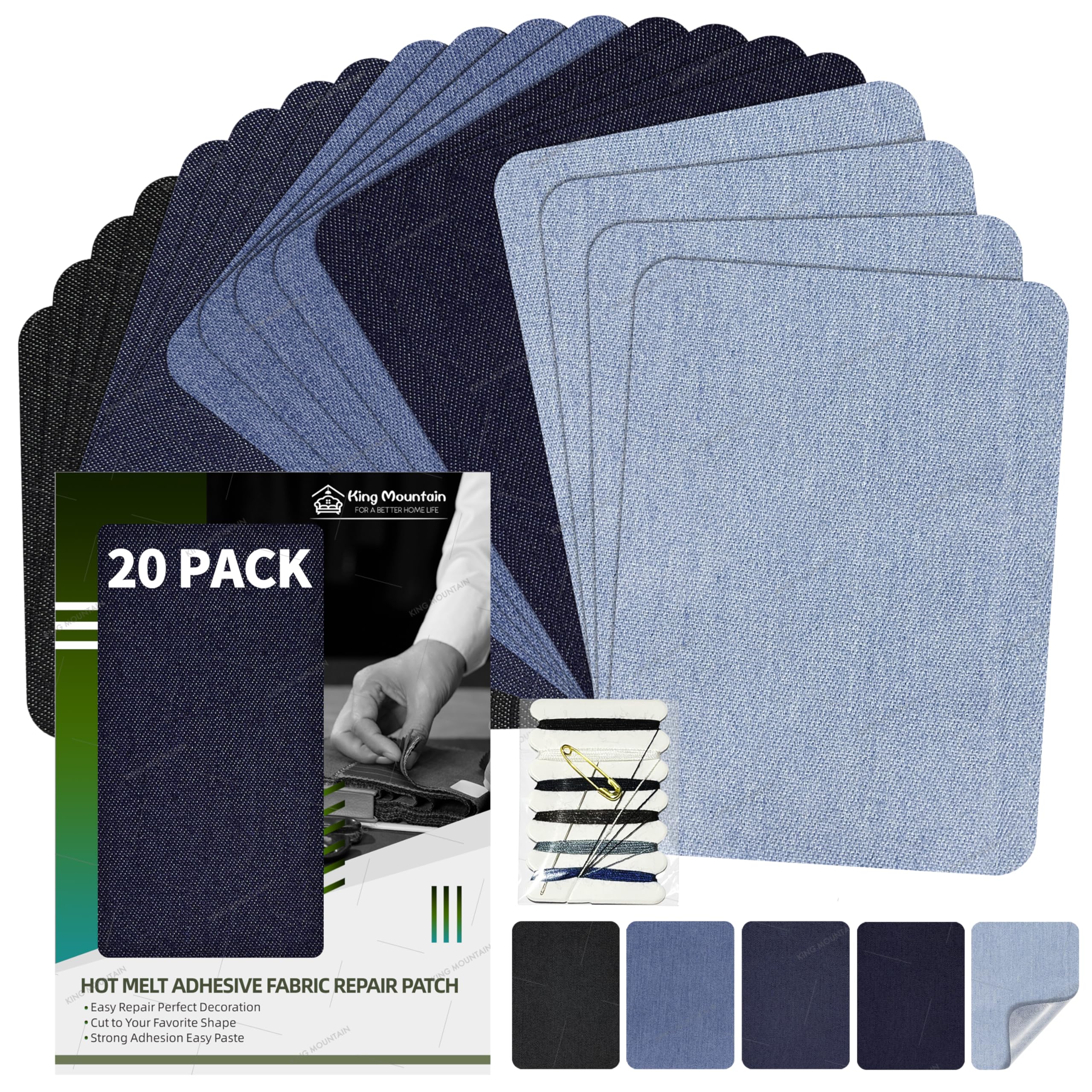 KING MOUNTAIN Iron-on Repair Patch 20 Pcs Pack,Denim Patches for Jeans Kit 3" by