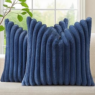 decorUhome Fall Blue Faux Fur Throw Pillow Covers 18x18 Set of 2