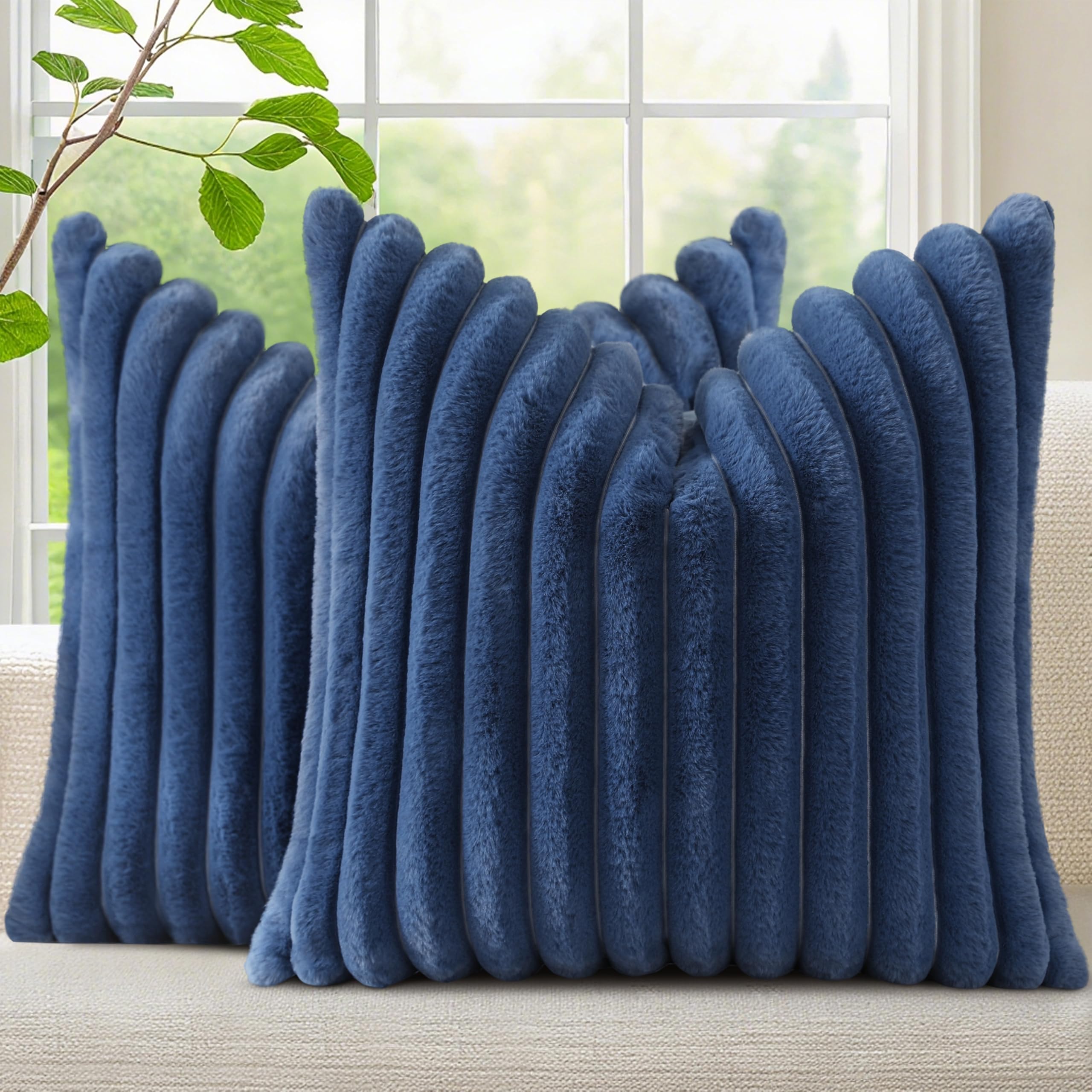 decorUhome Fall Blue Faux Fur Throw Pillow Covers 18x18 Set of 2