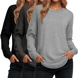 Ficerd Pack of 3 Women's Long Sleeve Tunic Round Neck Cotton Loose Fit Casual Curved Hem T-Shirts