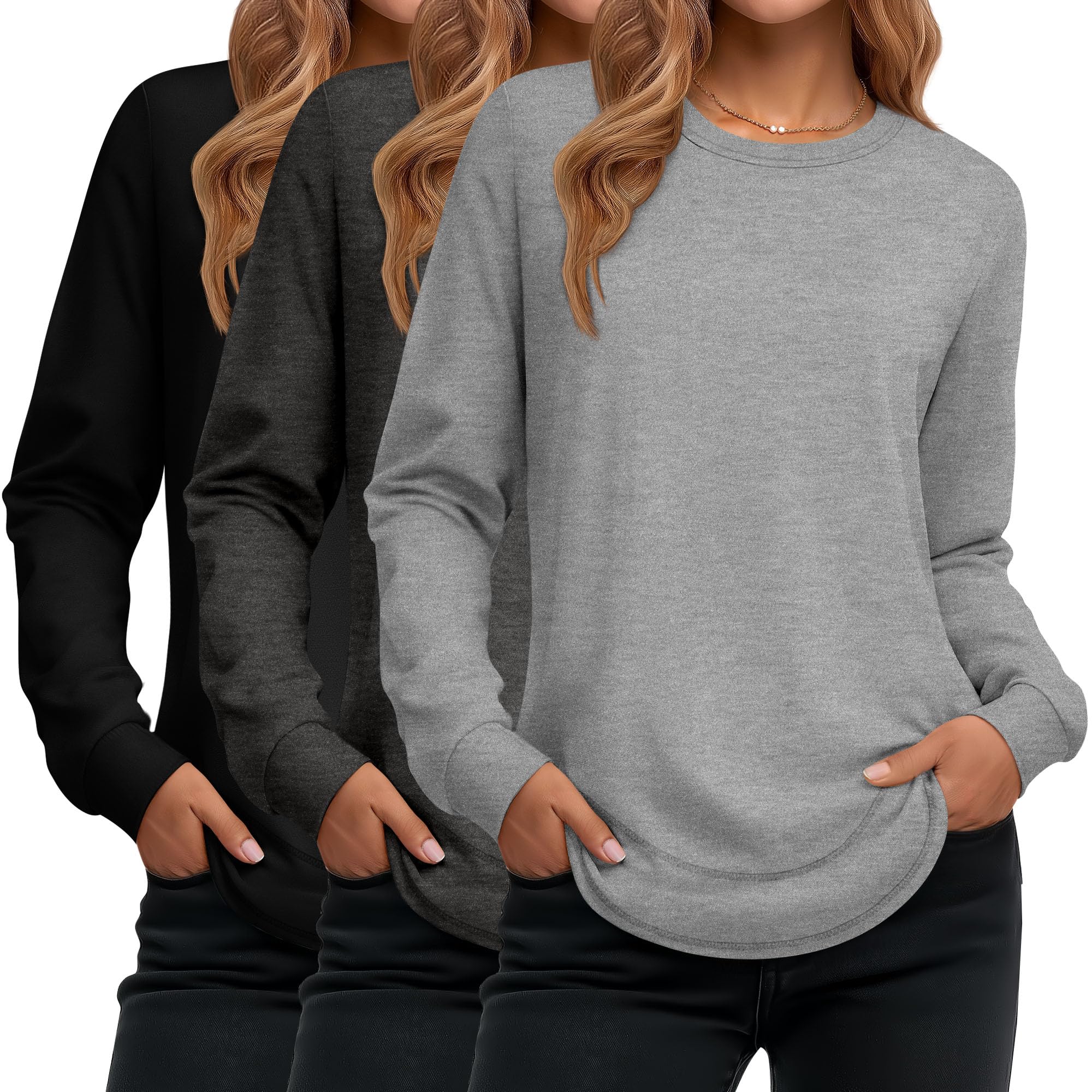 Ficerd Pack of 3 Women's Long Sleeve Tunic Round Neck Cotton Loose Fit Casual Cu