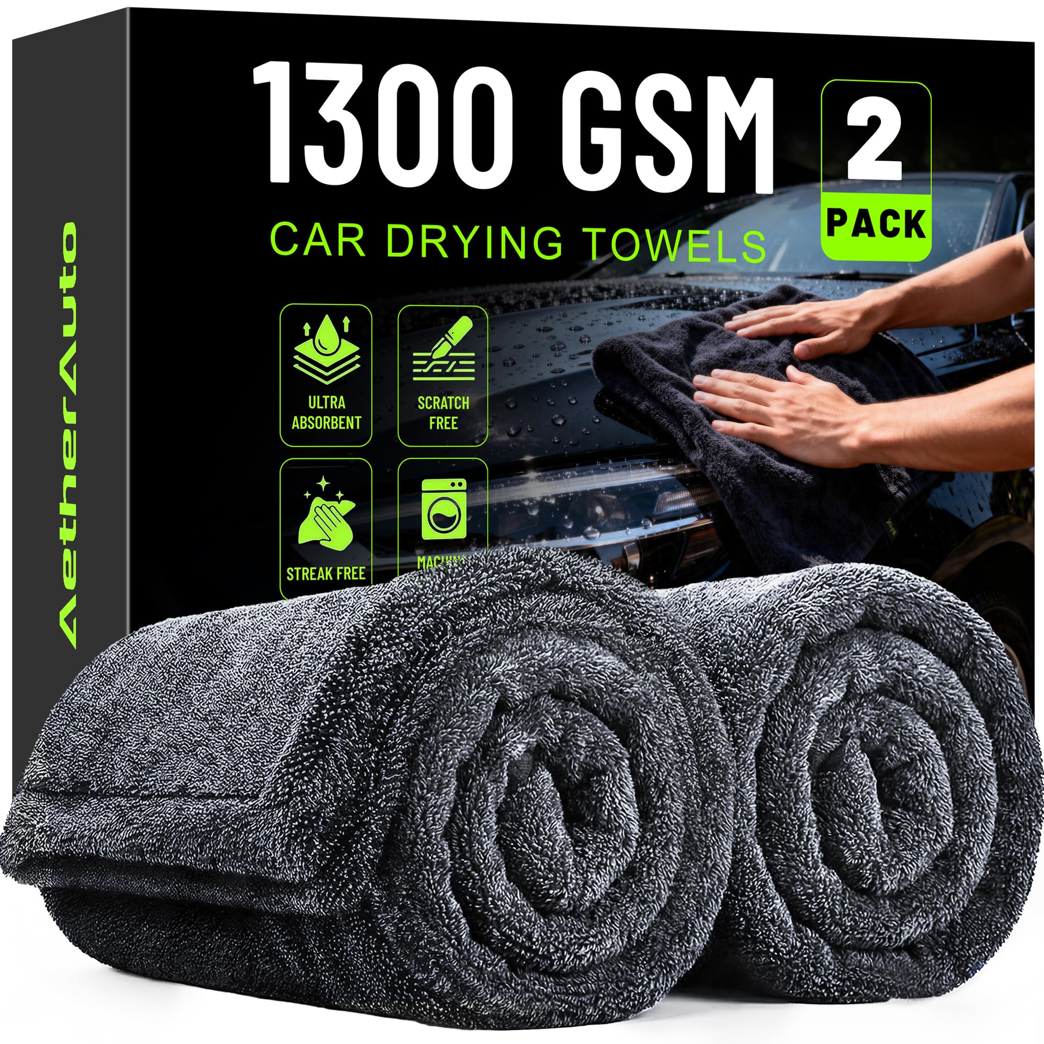AetherAuto 1300GSM Car Drying Towels: 2-Pack 36"X24" - Super Absorbent