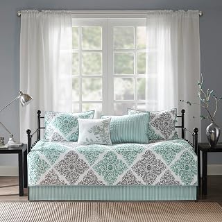 Madison Park Daybed Cover Set - Double Sided Quilting Casual Design, All Season Bedding with Bedskirt, Matching Shams, Decorative Pillow, 75"x39", Diamond Aqua 6 Piece