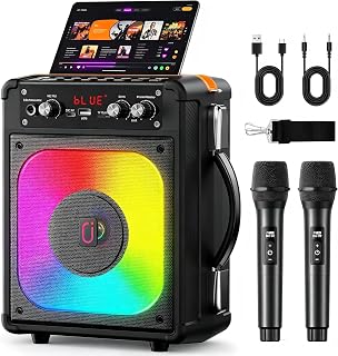Karaoke Machine with 2 Wireless Microphones,100W Peak, Bluetooth 5.3 | Disco Lights, 5.25'' Subwoofer, TWS Stereo and Live Performance, Supports Echo Adjustment/TF Card/USB/AUX/TV for BBQ Party
