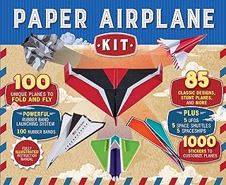 Paper Airplane Kit: 100 Planes to Fold & Fly, 1000 Stickers, Launcher & 100 Rubber Bands | Colorful Sheets | STEM Family Gift for Ages 7 and Up