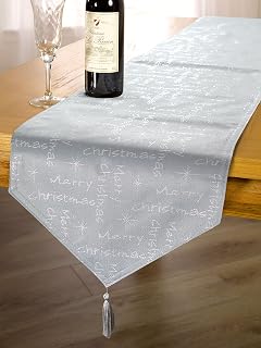 Emma Barclay Merry Christmas - Metallic Woven Jacquard Chrismas Table Runner in Silver - 13x72 (33x183cm)