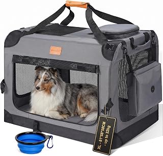 Morpilot Large Dog & Cat Carrier | Soft-Sided Pet Travel Crate, Foldable Dog Car Crate, with Collapsible Bowl & Storage Pockets, XL, Grey, (Max 32kg)