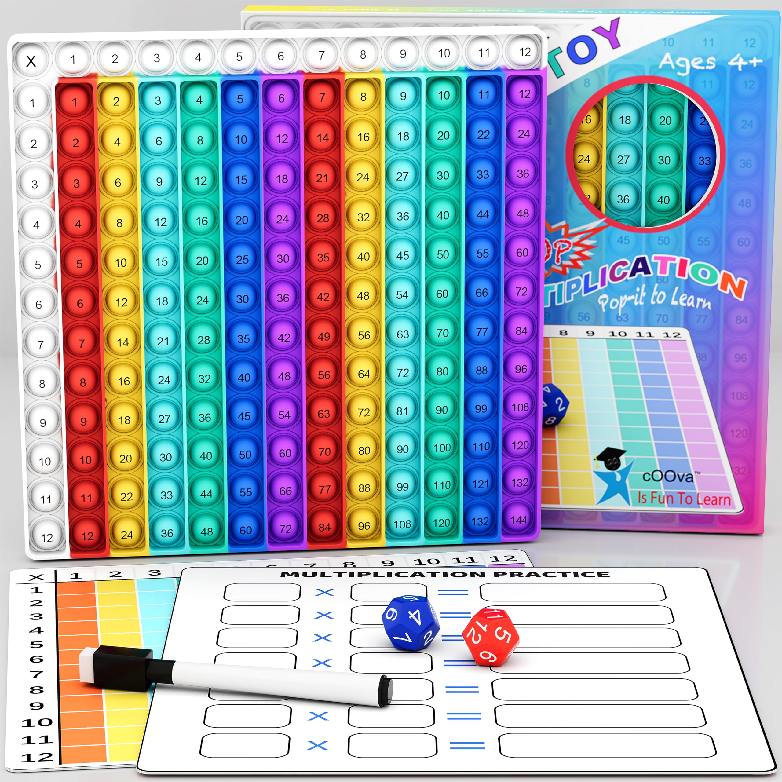 COOVA Multiplication Chart Pop It - Multiplication Game Board, 12x12 Times Table