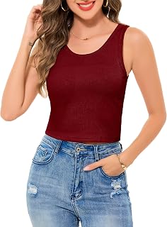 Sopesil Camiseta corta sin mangas para mujer, cuello redondo, acanalada, ajustada, tirantes anchos, para verano, casual, básica