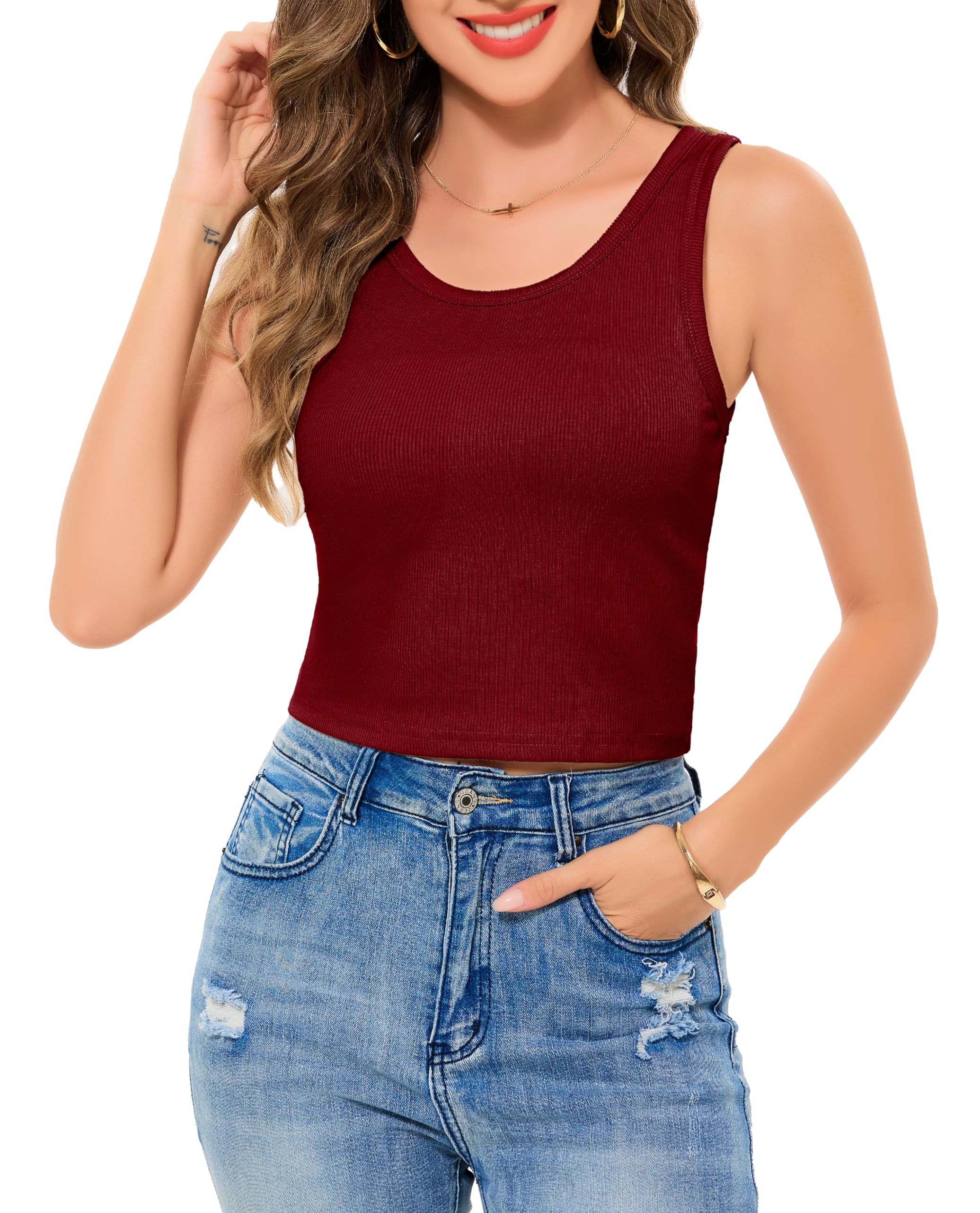 Sopesil Camiseta corta sin mangas para mujer, cuello redondo, acanalada, ajustad