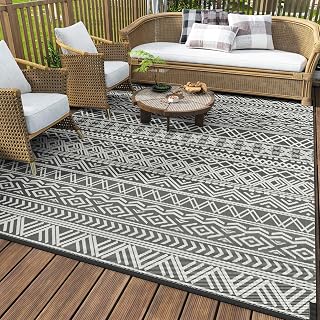 MontVoo Outdoor Rug Carpet Waterproof 5x8 Outdoor Patio Rug Mat Reverisble Plastic Straw Outdoor Rug for RV Camping Picnic Beach Balcony Boho Grey