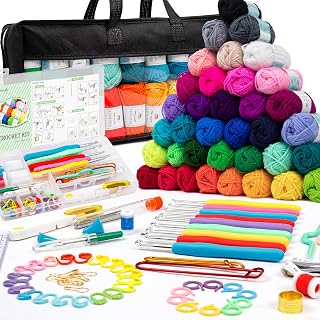 INSCRAFT 113 Piece Crochet Kit with Yarn Set– 1600 Yards Assorted Yarn for Knitting and Crochet, 73PCS Crochet Accessories Set Including Ergonomic Hooks, Knitting Needles &amp; More Ideal Beginner Kit