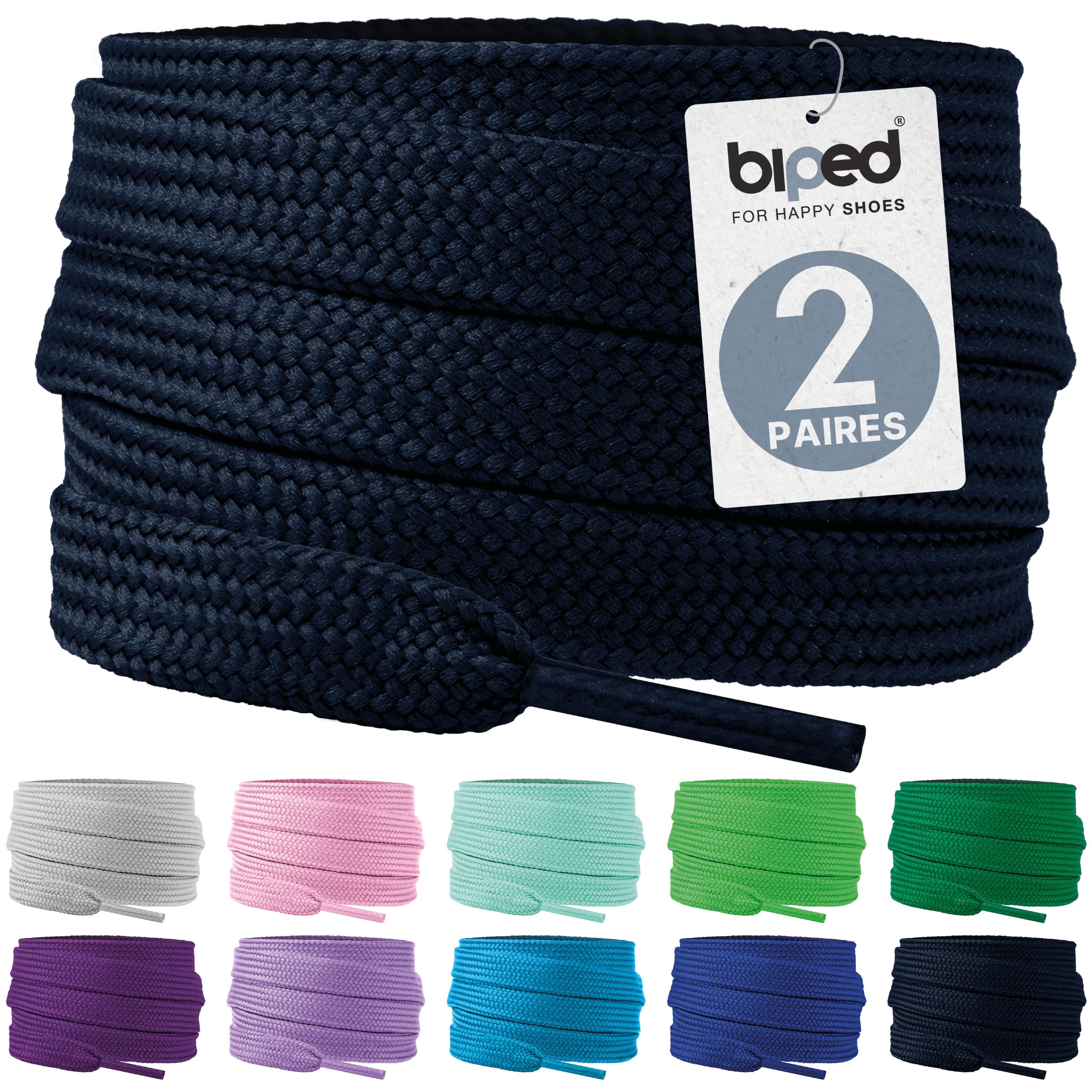 biped Laces 2 Pairs of Flat Polyester Laces, Width 10 mm, Laces for Trainers and