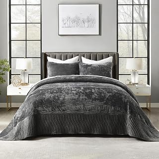 Oversized King Patchwork Velvet Comforter, Grey Wave Pattern Quilt