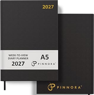 Pinnora 2027 Diary A5 Week to View, Black Year Planner Organiser 2027 Week To View, 2027 Planner, Home, School & Office, Hard Back 2027 Diaries, A5 & A4 2027 Diary in Day Per Page & Week To View