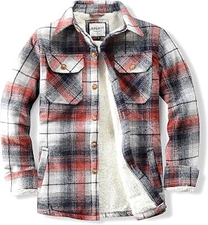 WINDFIT Men's Cotton Sherpa Button Down Flannel Shirt Jacket Plaid Shirt