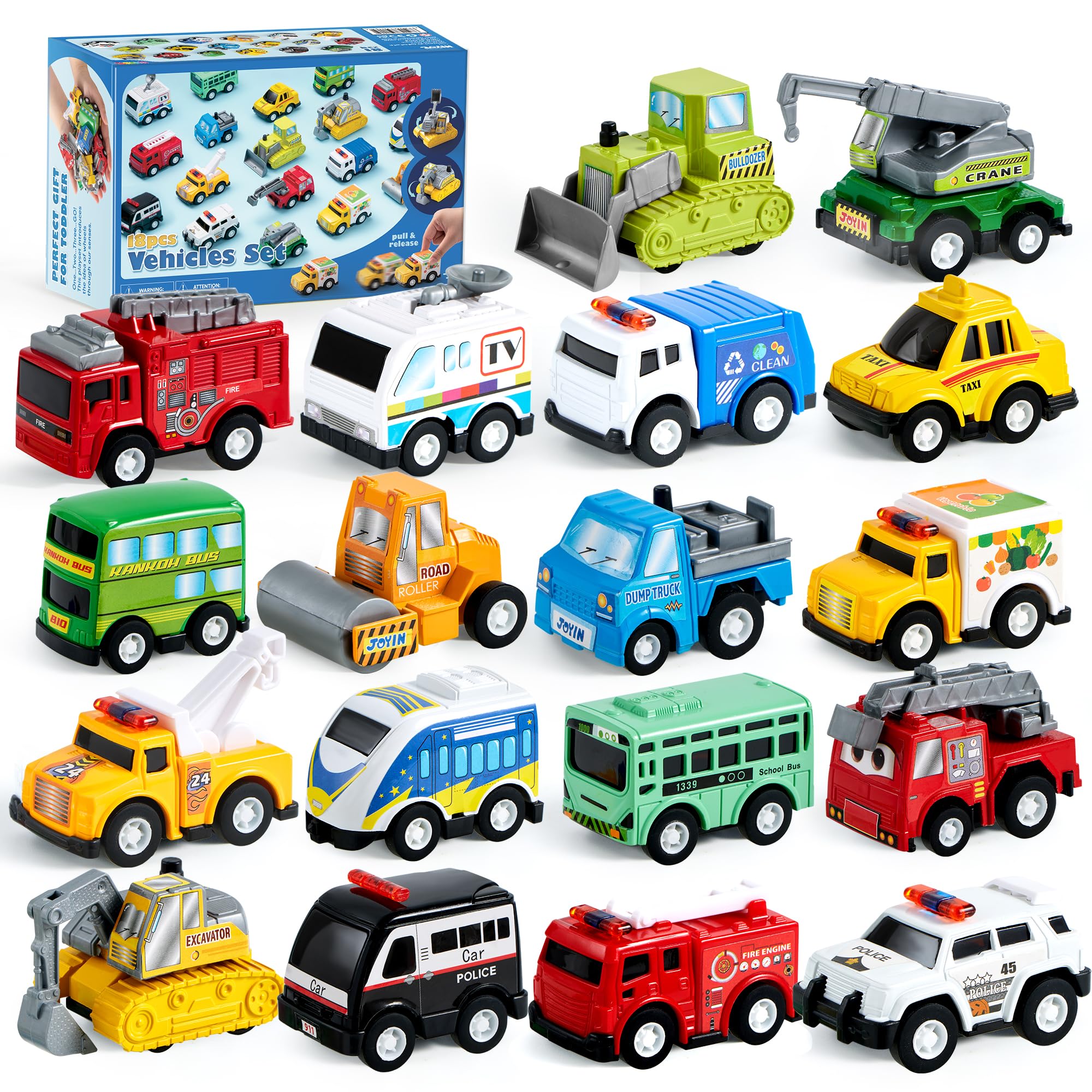 JOYIN 18 Piece Pull Back City Cars and Trucks, Toy Cars Kids Vehicles Set Model 