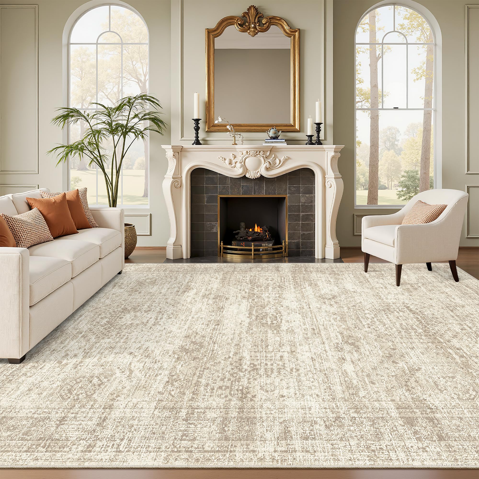 Soalmost Washable Area Rug 8x10 Large Soft Beige Rugs for Living Room | Vintage 