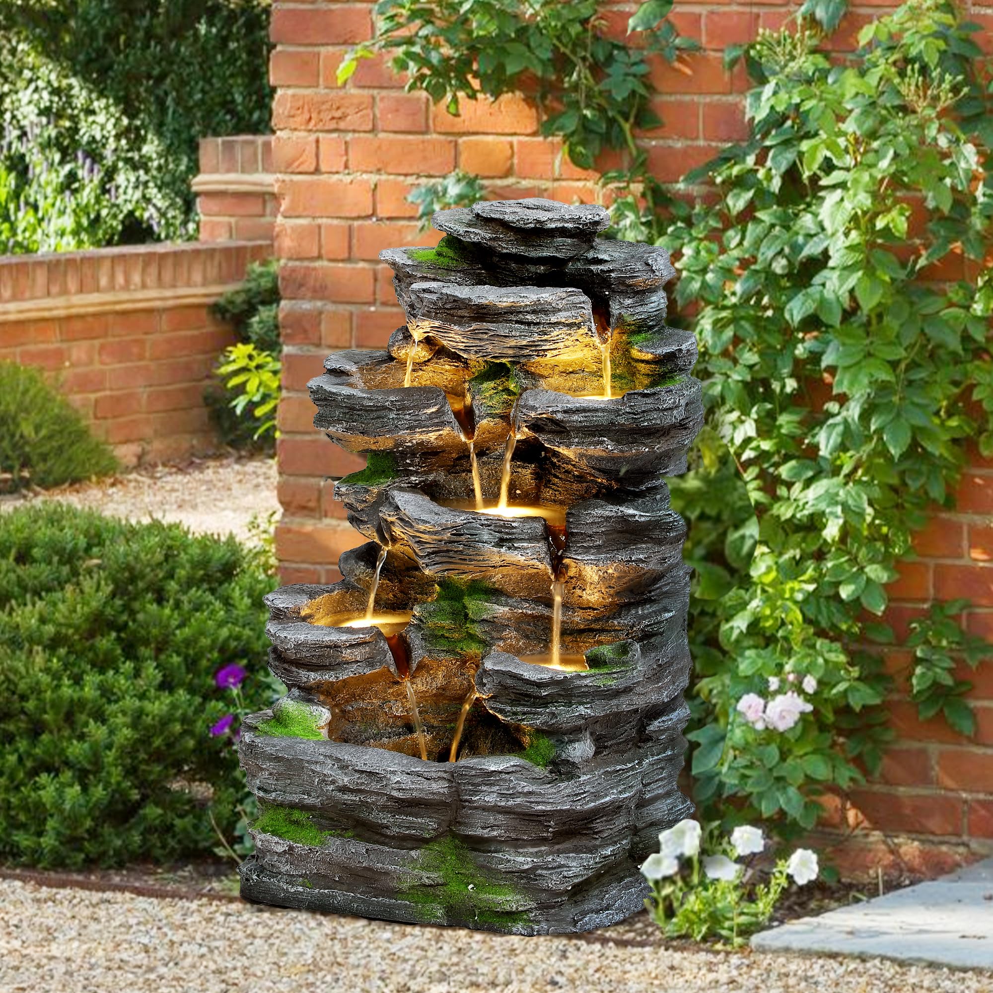 TITIMO 7-Tier Cascading Rock Fountain, Outdoor Garden Waterfall with Lights | So