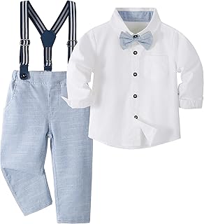 Volunboy Baby Boy Gentleman Set, Plaid Shirt with Bow Tie + Suspenders Pants 4 Pieces Suit Clothes