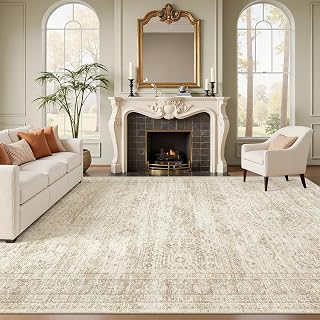 Soalmost Washable Area Rug 8x10 Large Soft Beige Rugs for Living Room | Vintage Non-Slip Carpet for Dining Bedroom, Stain Resistant Low Pile Foldable Lightweight Floor Mat Under Table Home Decor