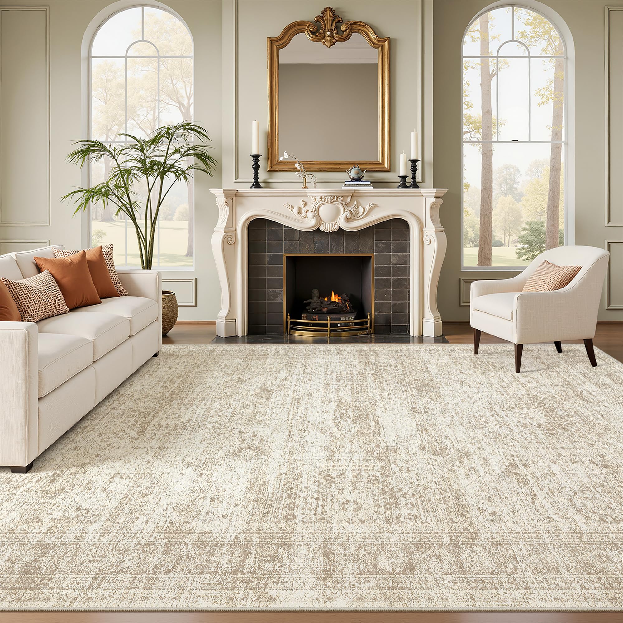 Soalmost Washable Area Rug 8x10 Large Soft Beige Rugs for Living Room | Vintage 