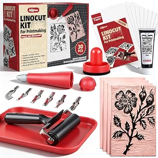 Linocut Kit for Printmaking - Block Printing Kit with 4 Soft | Cut Linoleum Blocks, Ink, Brayer Roller & Carving Tools - Rubber Stamp Making Kit for Beginners - Arts and Crafts for Adults