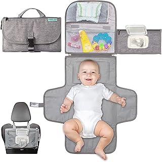 Kopi Baby Portable Diaper Changing Pad with Wipes Pocket, Classic Grey | 22-In Waterproof Pad, Smart Wipes Pocket, 2 Inner Mesh Pockets, Outer Pocket, Detachable Storage, Carry Straps
