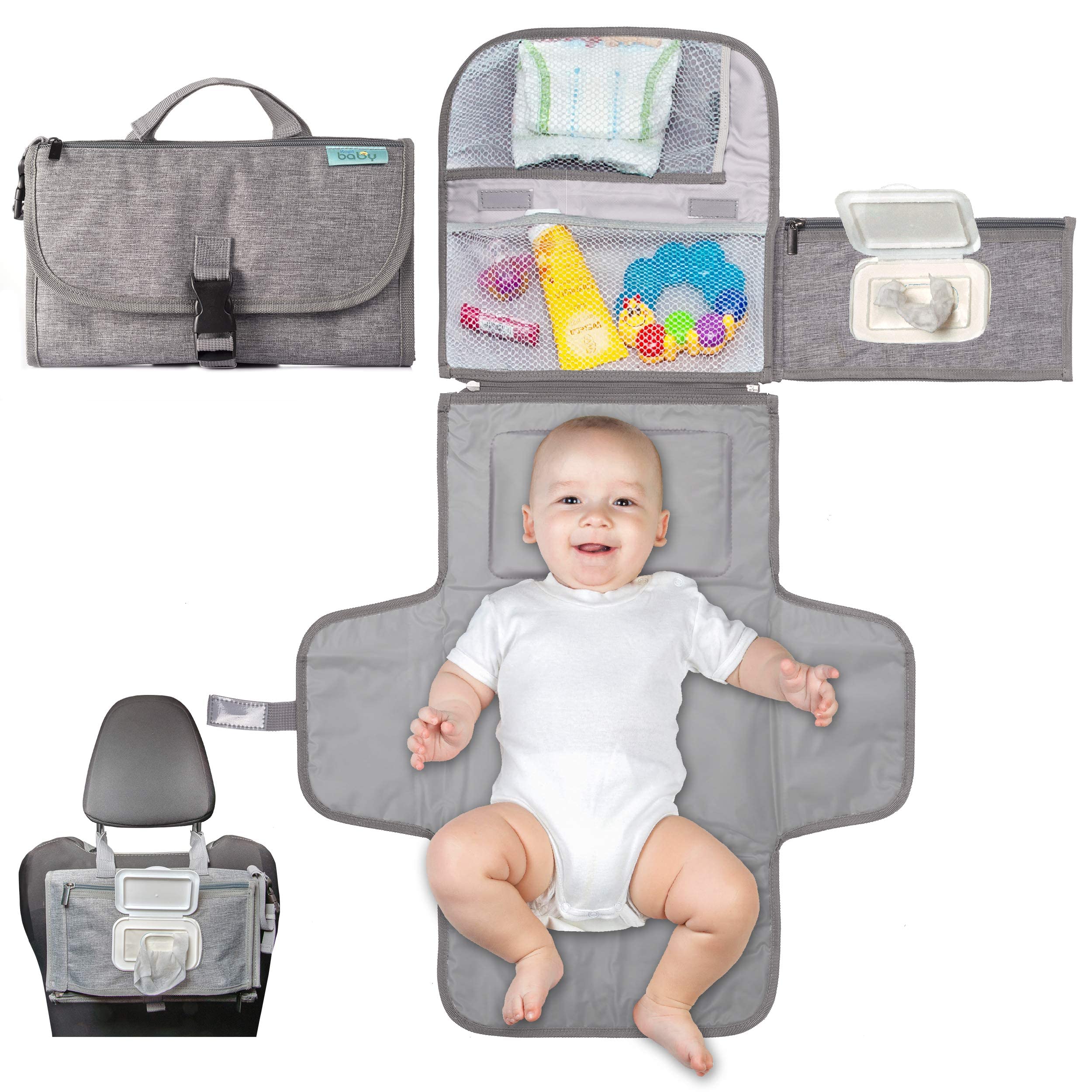 Kopi Baby Portable Diaper Changing Pad with Wipes Pocket, Classic Grey | 22-In W
