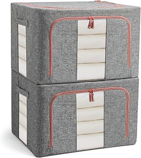 Clothes Storage Boxes 2 Pieces, Foldable Wardrobe Organizer with Large Transparent Window and Carrying Handles, Built-in Metal Stand for Clothes, Blankets, Bedding, Grey (22L)