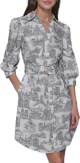 Karl Lagerfeld Women's 3/4 Sleeve Collared Belted Cotton Mini Shirtdress