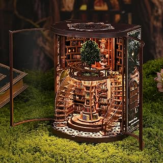 Book Nook Kit, DIY Miniature House with LED for Bookshelf Decor, Library of Timeless Wisdom 3D Wooden Puzzle Bookend, Relaxing DIY Craft for Adults & Teens (14+), Gift for Friends & Family