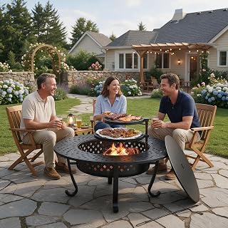 43" Fire Pit, 3 in 1 Firepit with Adjustable 2 Grills for Patio, Party | Fire Pit for Outside Wood Burning, Outdoor Fire Pit with Lid & Fire Poker, BBQ, Bonfire, Camping, Round Fire Pits for Outside