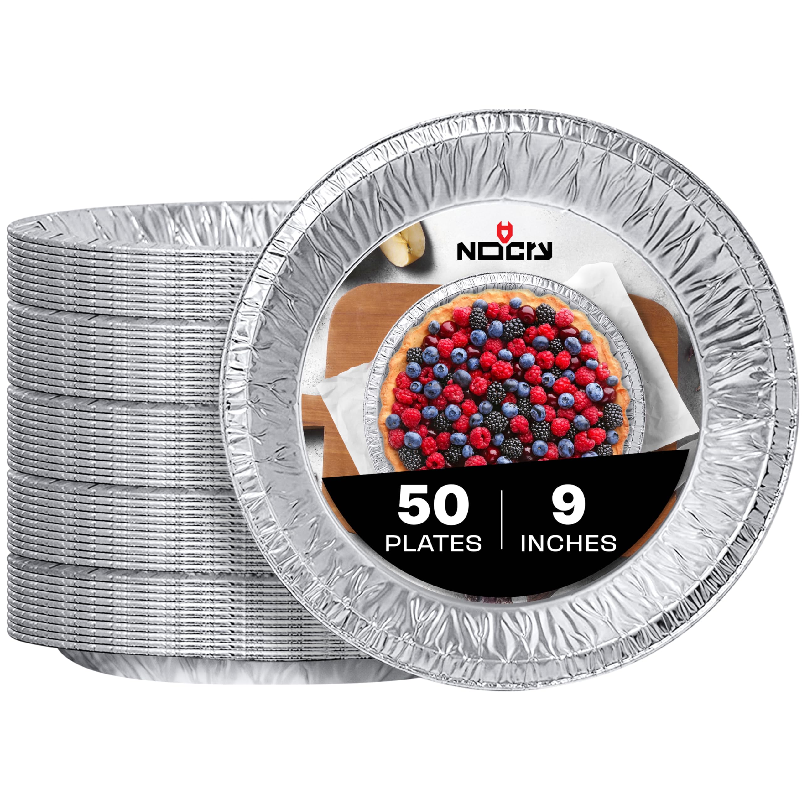 NoCry Premium Disposable Pie Pans 9 Inch (50 Pack) — Foil Aluminum Tins with Cur