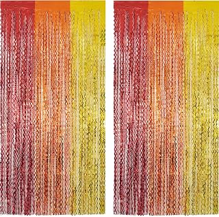 Red Orange Gold Wavy Foil Fringe Curtains - 2 Pack 3.3×6.5ft
