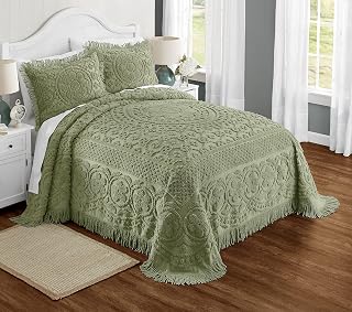 Montgomery Ward Emily Floral Chenille Bedspread (Sage, Queen) | Soft cotton chenille bedspread with floral design, textured detailing, and lightweight coverage for coordinated bedroom décor