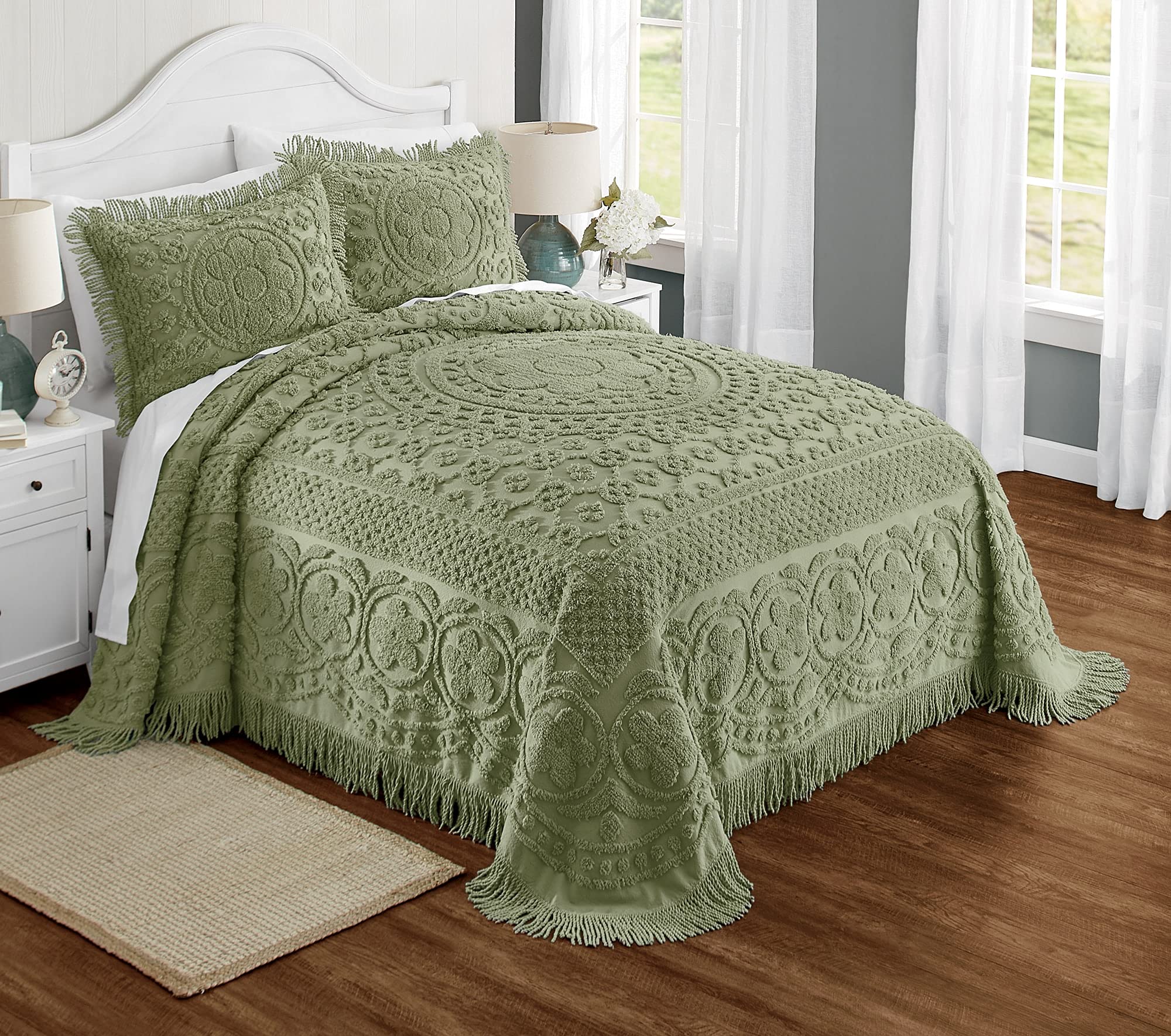 Montgomery Ward Emily Floral Chenille Bedspread (Sage, Queen) | Soft cotton chen