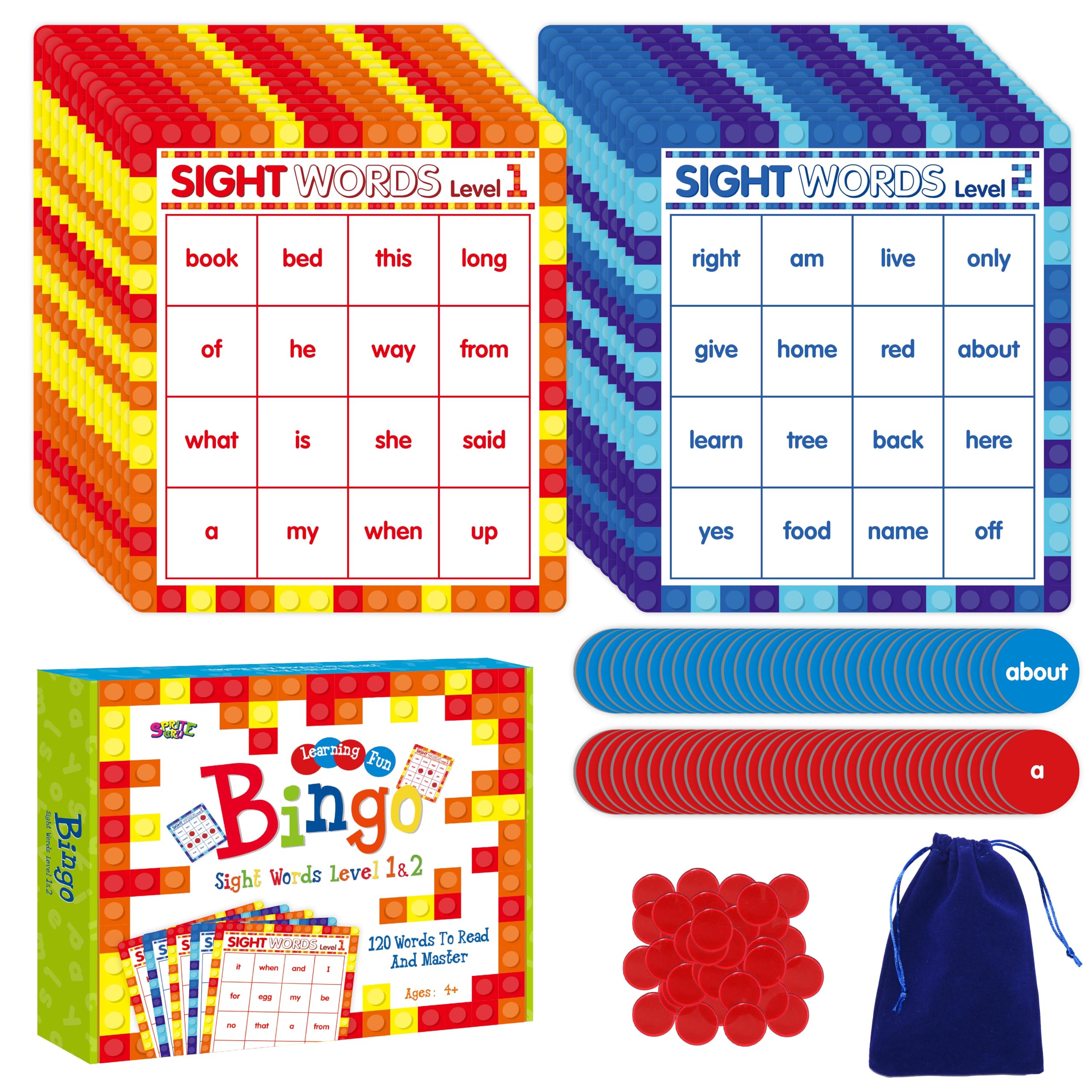 SpriteGru Sight Word Bingo Game, 120 Sight Words Learn to Read Level 1 & Level 2