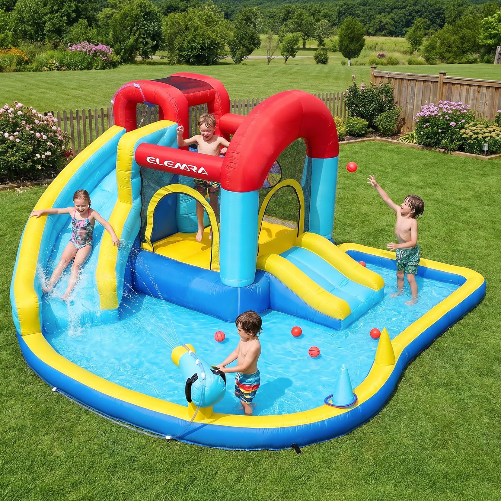 ELEMARA Inflatable Bounce House Water Slide, 9 in 1 Kids Bounce House with 2 Sli