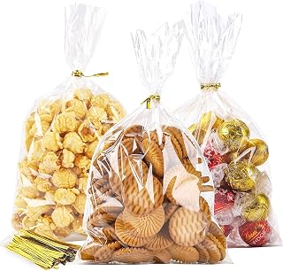 LOKQING Cellophane Treat Bags,100 Pack 6x10 inch With Ties for Party Favor | Use them for pretzel rods, popcorn, cookie, candy,dessert,snacks and small gift for any party or halloween supplies