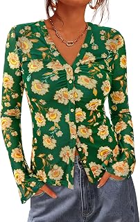 BTFBM Camisas con botones para mujer, a la moda de otoño 2025, cuello en V, blusa de manga larga, malla fruncida, ajustada, estampado floral, estilo bohemio