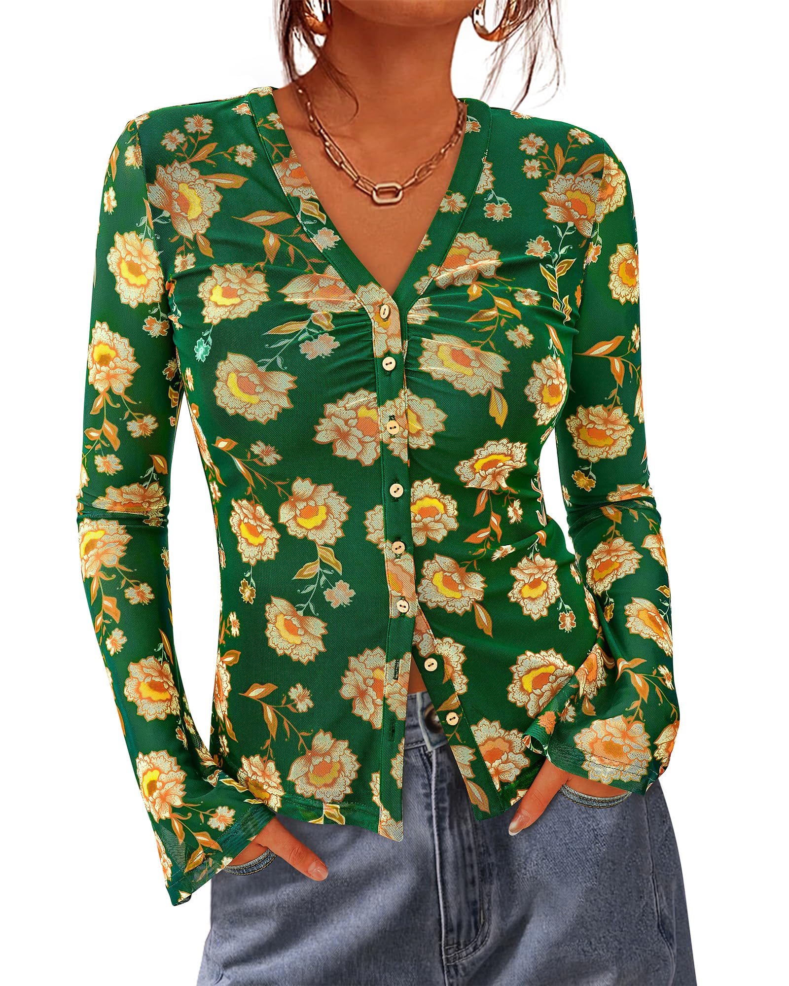 BTFBM Camisas con botones para mujer, a la moda de otoño 2025, cuello en V, blus