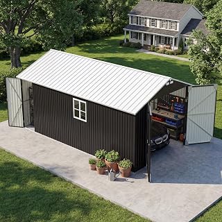 Patiowell 12x20 FT Enclosed Metal Carport, Large Heavy Duty Car Port with Reinforced Frame, All-Weather Garage Carports with 3 Lockable Doors & Windows, Versatile for Car, Boat and Truck, Black
