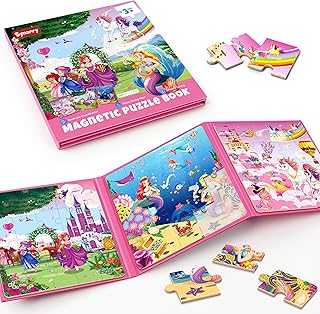 SYNARRY Unicorn Mermaid Princess Magnetic Puzzles for Child 3-5, Travel Toy | 20-Piece Magnetic Travel Puzzle for Child Ages 4-6, Car Airplane Road Trip Activities, Quiet Time Toys, Girls Birthday Gifts