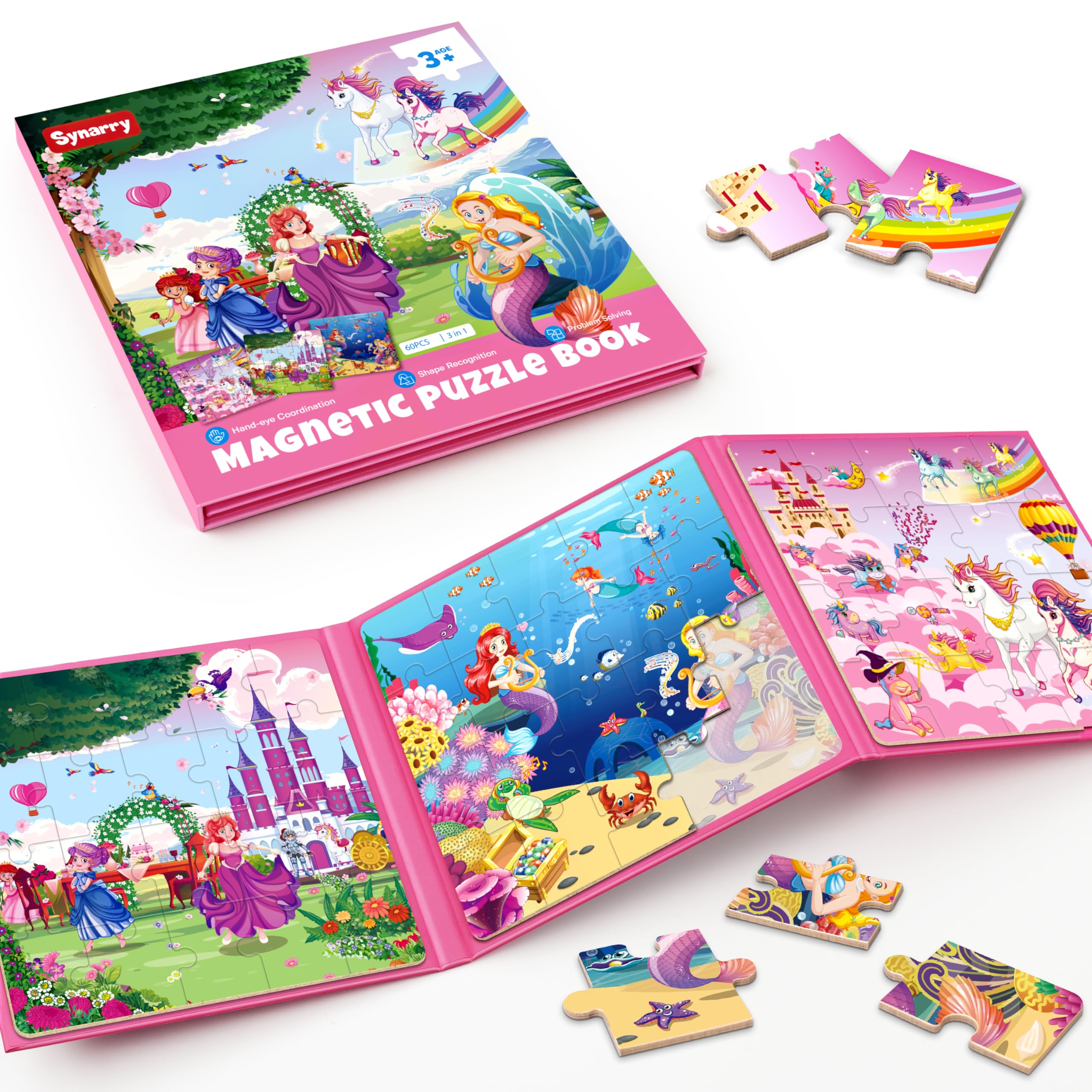 SYNARRY Unicorn Mermaid Princess Magnetic Puzzles for Child 3-5, Travel Toy | 20