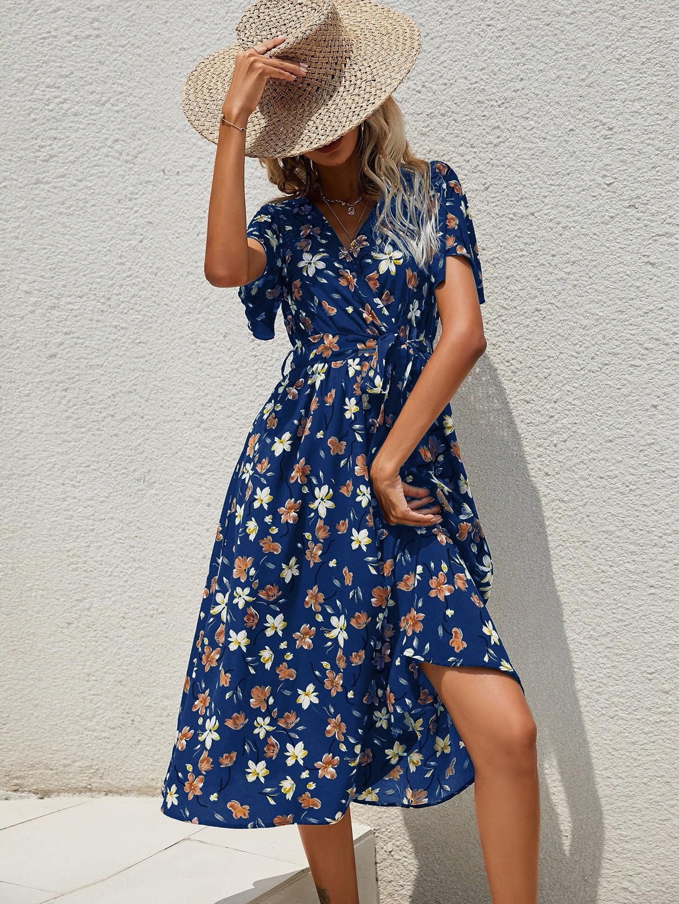 Women Wrap Dress V-Neck Short Sleeve Tie Waist Floral Print Summer Dress for Vac