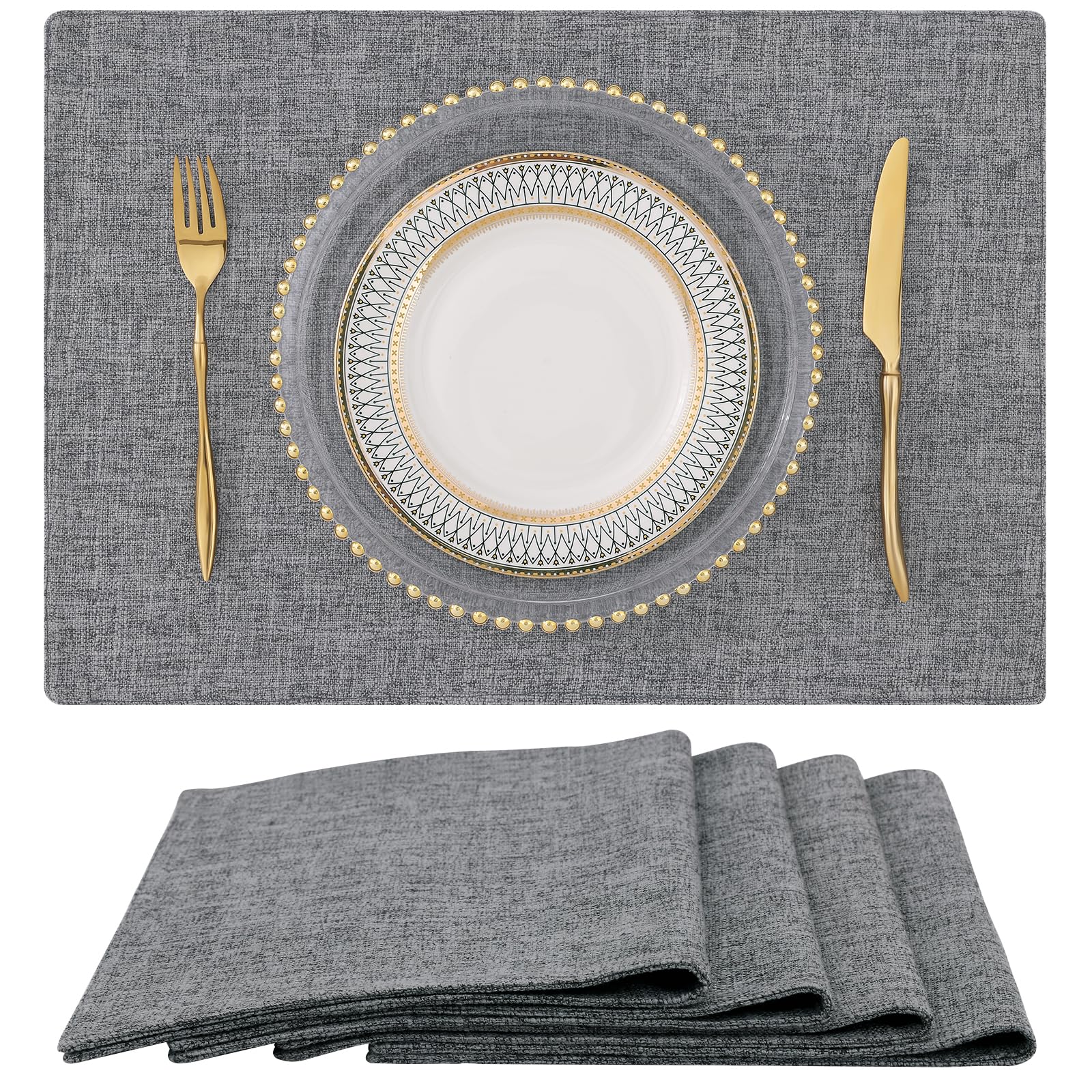 homing Dark Grey Fabric Placemats for Dining Table - Washable Cotton Linen Kitch