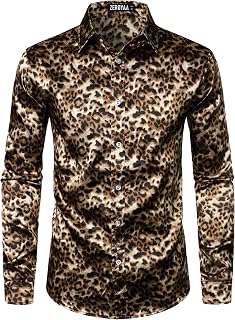 ZEROYAA Men's Printed Design Satin Button Up Dress Shirt