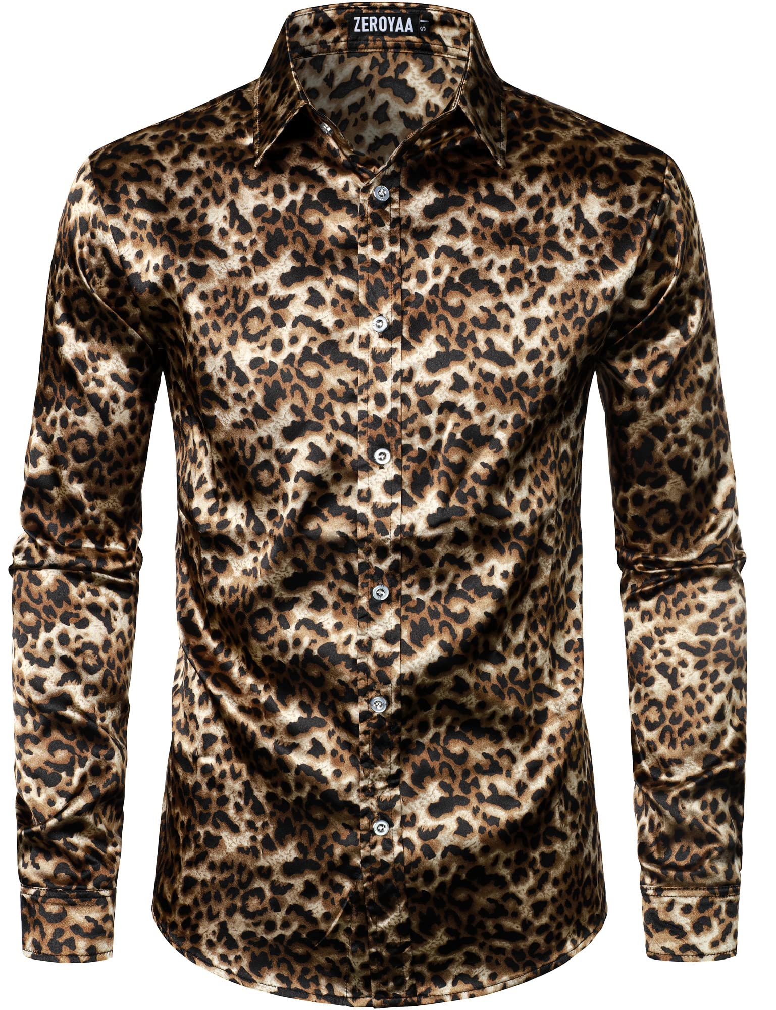 ZEROYAA Men's Printed Design Satin Button Up Dress Shirt